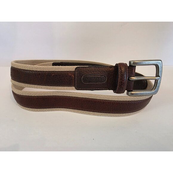 Columbia Mens Genuine Leather & Canvas Belt Brown Beige Size 44 - Picture 1 of 6